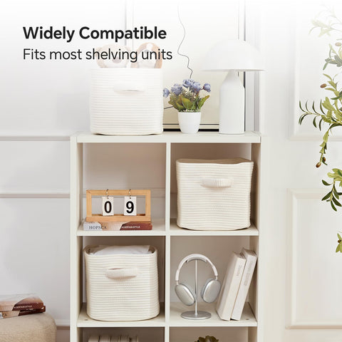 Mangata Set of 3 White Cotton Rope Cube Storage Baskets with Handles, 28x28x25cm, Woven Organisers for Shelves, Bathroom, Bedroom