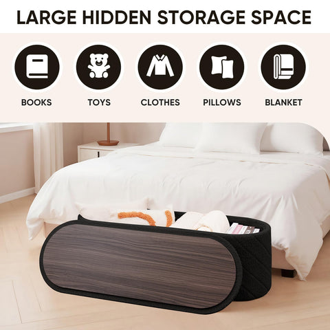 Bonlife Oval Ottoman with Storage Bench, Folding Foot Rest with Lid, Boucle End of Bed Bench,Foostool for Living