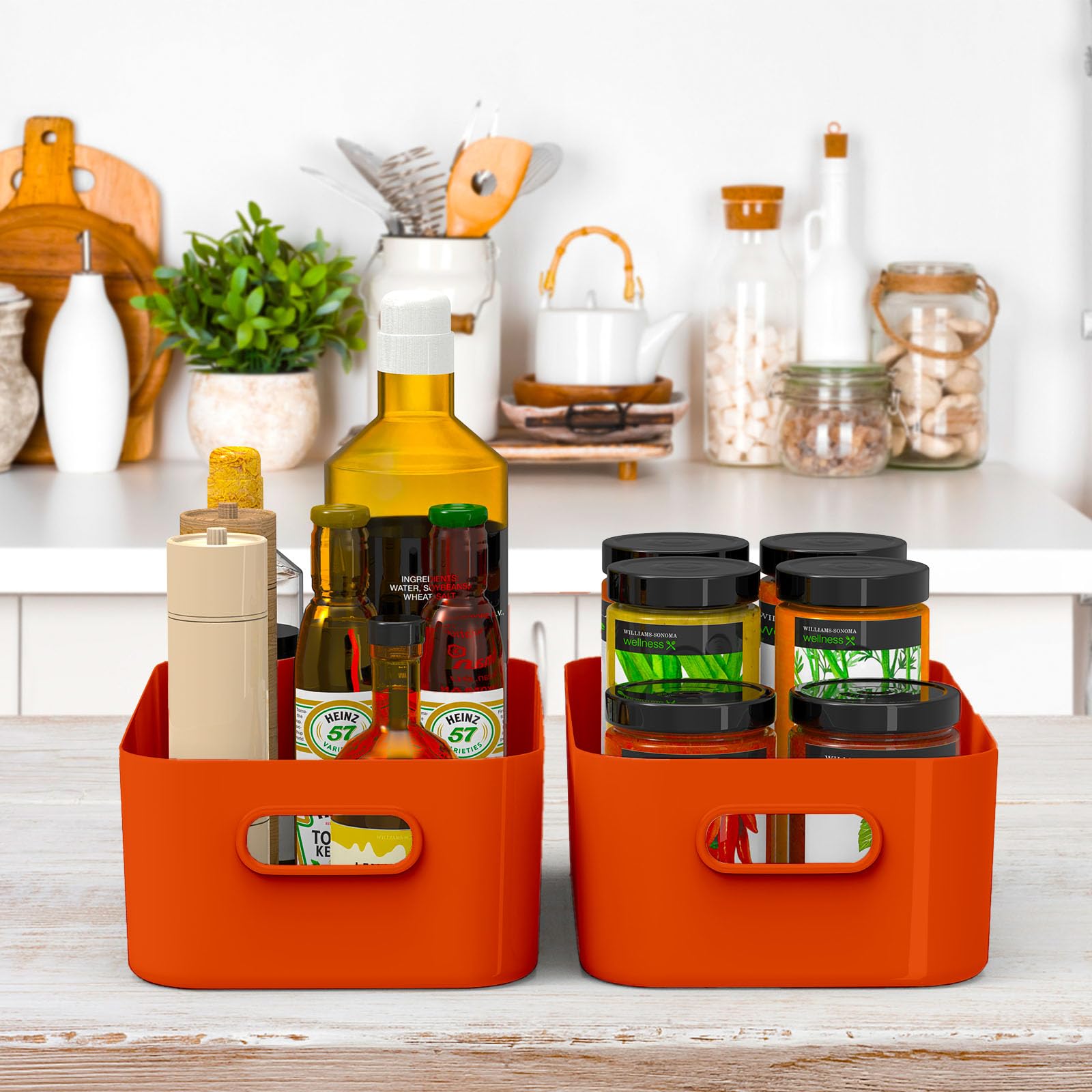 W&H 5 PCS Plastic Storage Baskets, Medium Storage Boxes with Handle, Rectangular Home & Kitchen Organiser, Plastic Baskets for Bathroom, Shelves