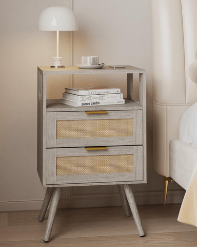 JERX Rattan Bedside Table, Farmhouse Nightstand with 2 Storage Drawer and Open Wood Shelf, for Bedroom and Small Spaces