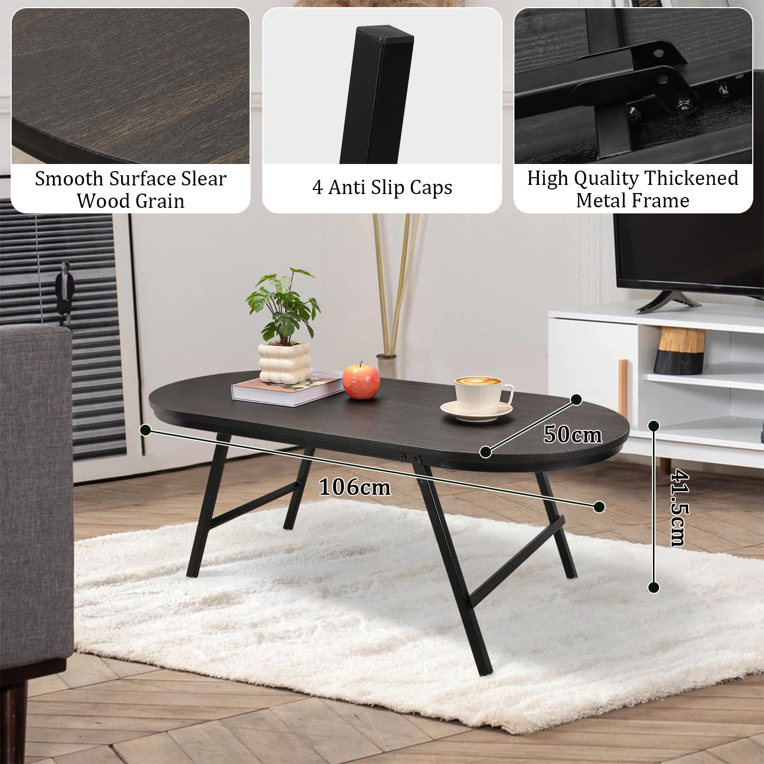 FEUFOAM Small Oval Coffee Table Wood and Metal Folding Low Coffee Tables with Safety Lock Portable Outdoor Table Floor Center Tables for Living Room