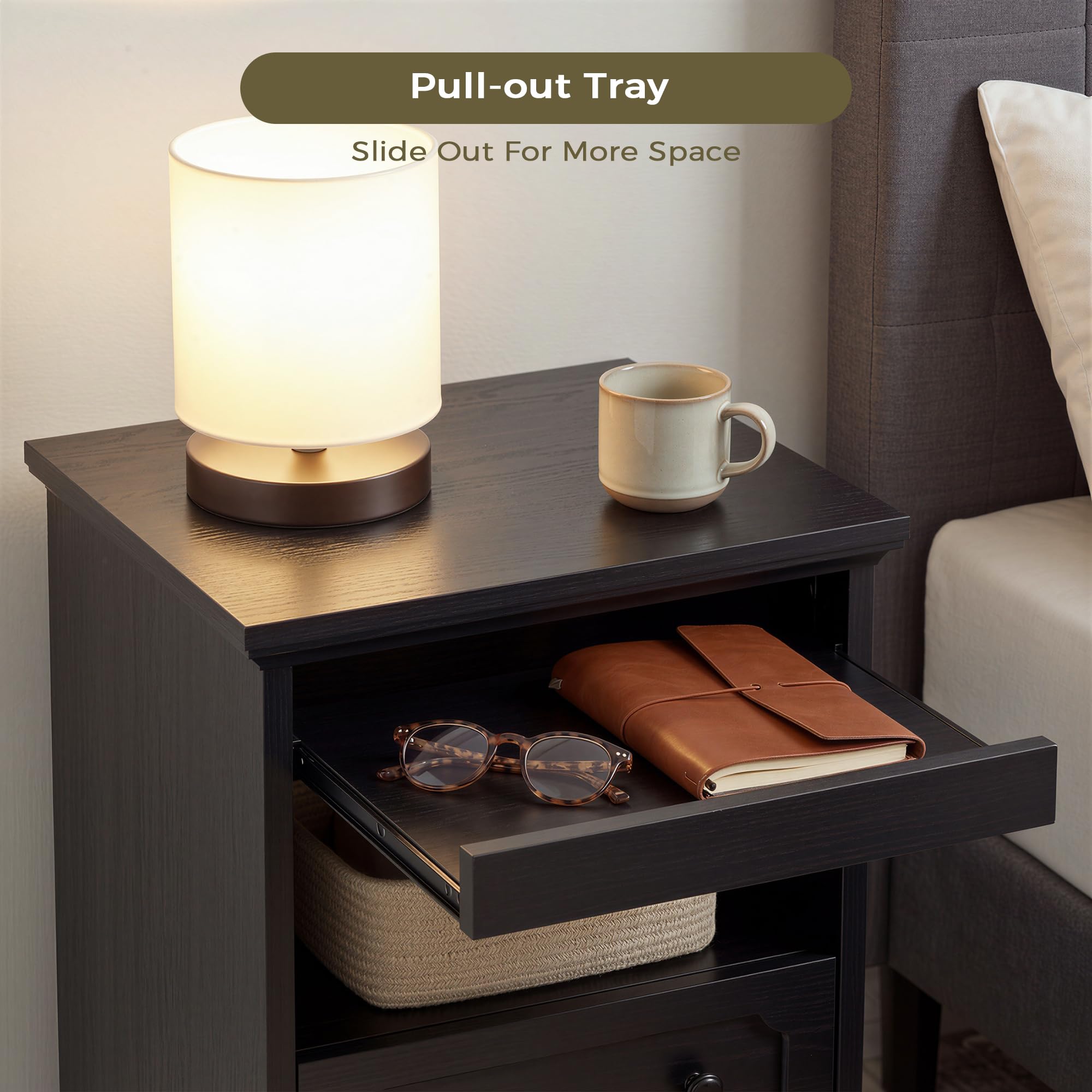 IRONCK Bedside Table with 2 Drawers, Modern Nightstand with Open Shelf, End Table with Pull-Out Tray for Bedroom, Living Room, Black