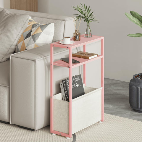 JERX Narrow Side Table with Fabric Basket, End Table for Small Spaces, Slim Side Table with Magazine Rack for Living Room Office Bedroom and Bathroom