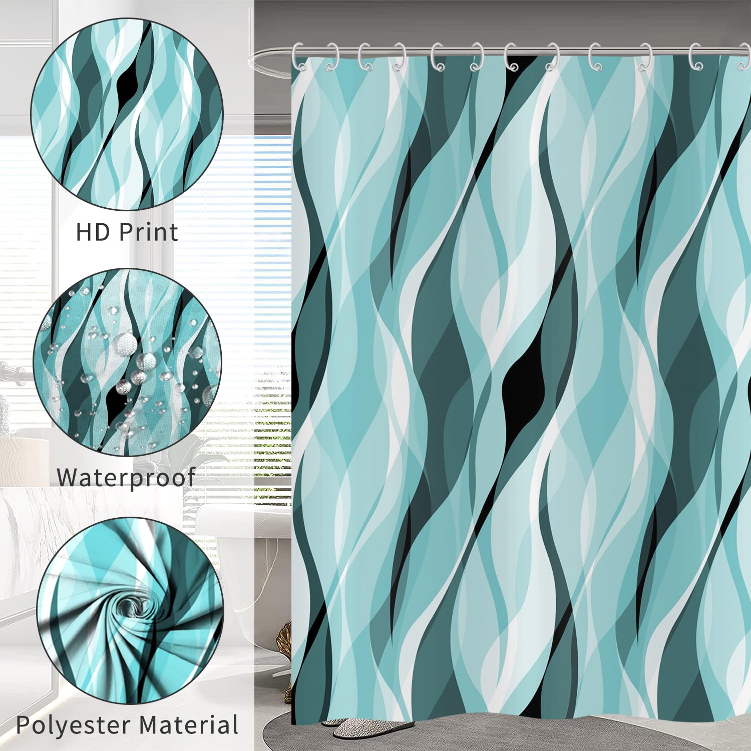 Hnmdmyi Turquoise Shower Curtain 180x200, Modern Abstract Turquoise and Grey Striped Bathroom Curtains with Hooks Waterproof Polyester Fabric