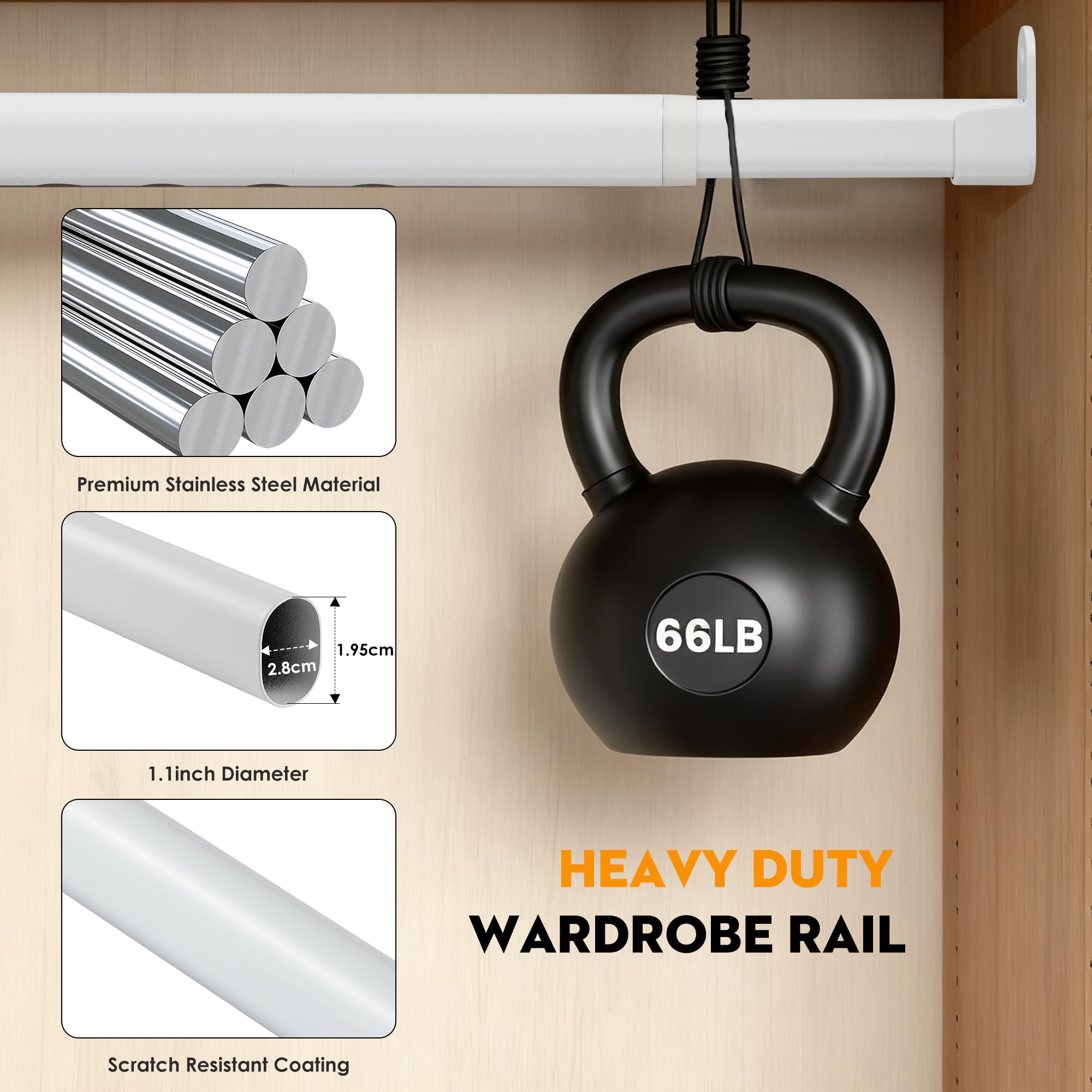 Poskena Clothes Rail Heavy Duty for Wardrobe White,25mm rail,43-101cm
