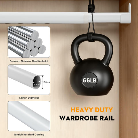 Poskena Clothes Rail Heavy Duty for Wardrobe White,25mm rail,43-101cm