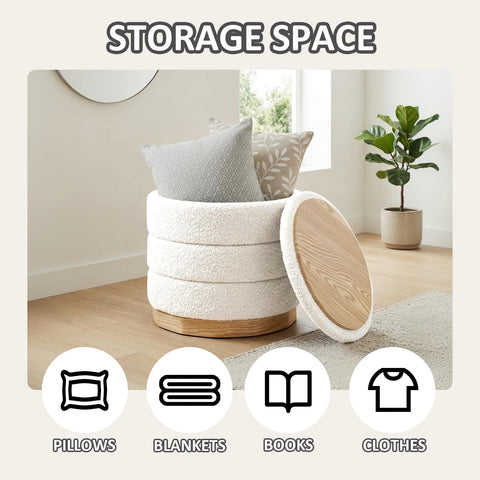 PINPLUS Round Chenille Storage Ottoman, Tray Top, 39x39x37 cm, Cream White