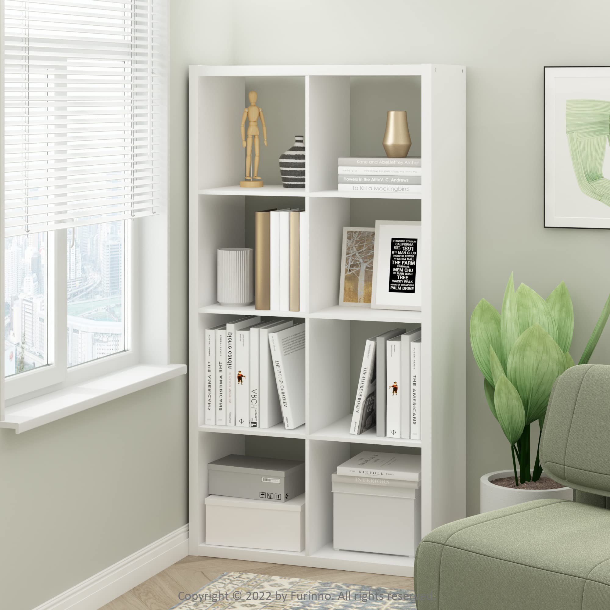 Furinno CUBICLE Book Shelf, 8-Cube Thick Frame Bookshelf, Horizontally & Vertically Reversible Bookcase with Open Back, 14.6 x 30 x 57.9