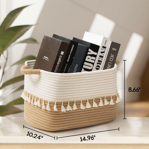 TeoKJ Storage Baskets 38x25x22cm – Woven Storage Basket with Tassels, Toy Basket with Handle, Rope Organizer for Living Room, Bathroom Baskets