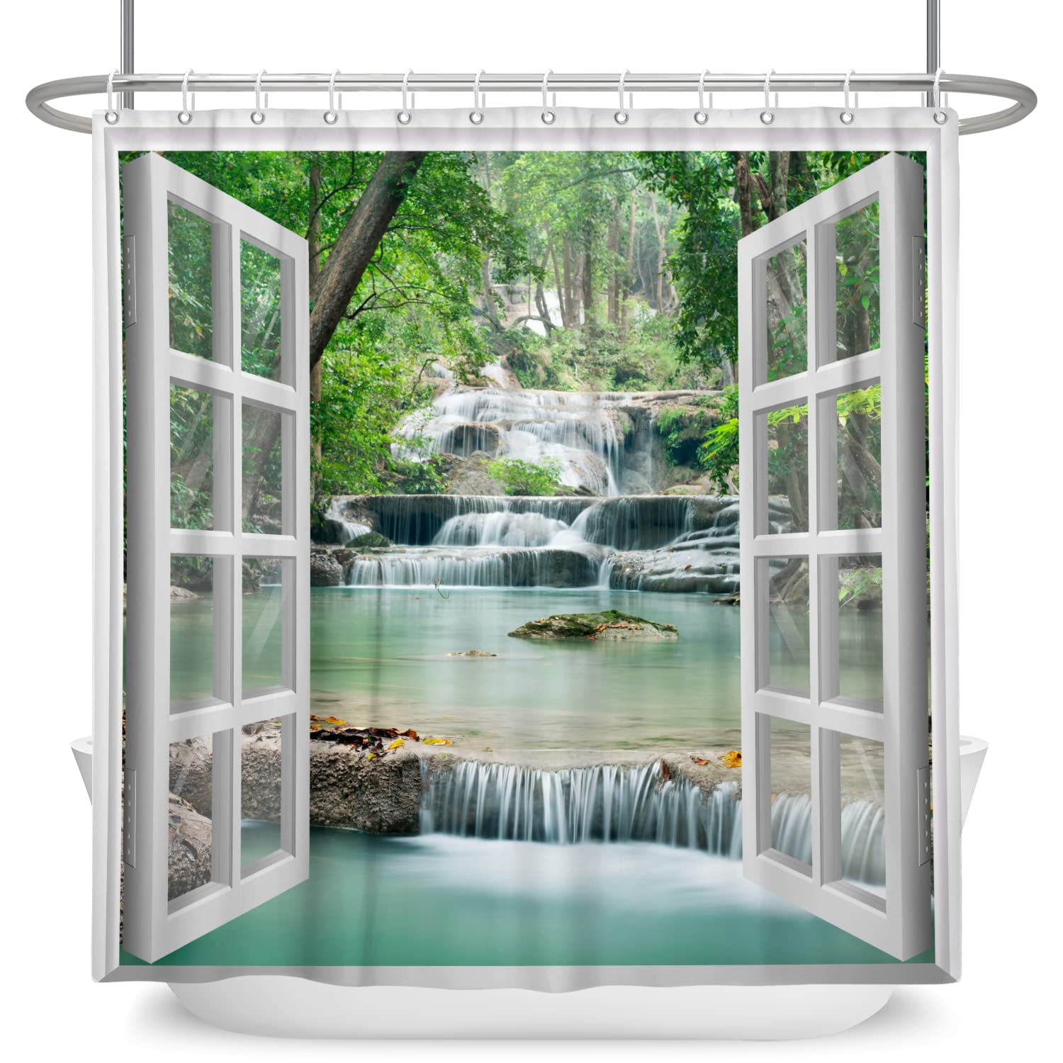 SDOTPMT 105x160cm Window View Shower Curtain Spring Waterfall Trees Natural Scenery Wilderness Landscape Bath Curtain White Window Picture Modern Art