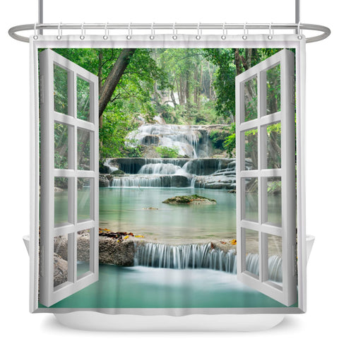 SDOTPMT 105x160cm Window View Shower Curtain Spring Waterfall Trees Natural Scenery Wilderness Landscape Bath Curtain White Window Picture Modern Art