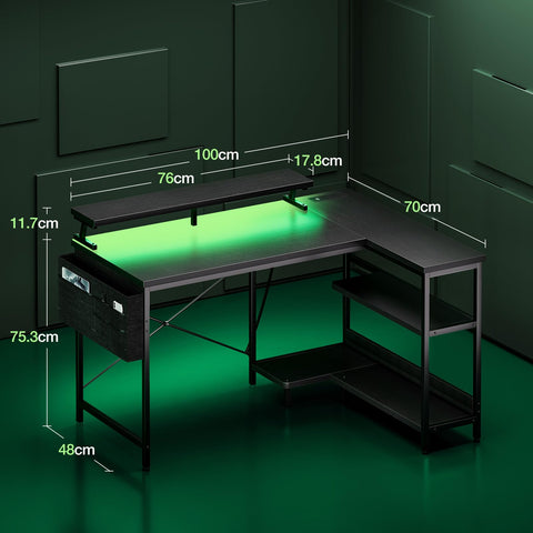 Coleshome L Shaped Gaming Desk with LED Lights & Power Outlet, 100x70 cm