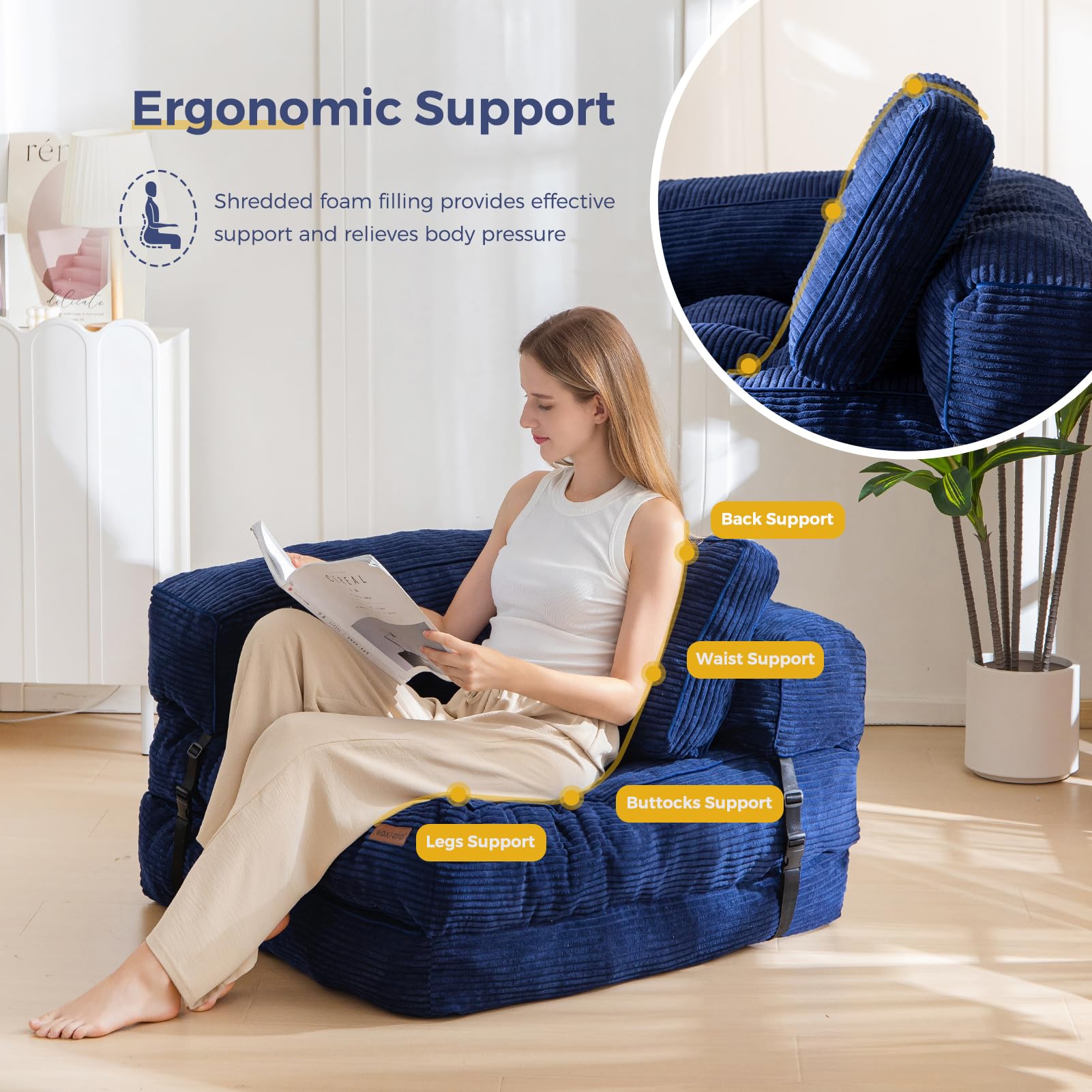 MAXYOYO Foldable Sofa Bed,Bean Bag Couch Convertible Sleeper Chair with Armrest L-Shaped Floor Lounge Sofa with Pillow Portable Lounge Seat for