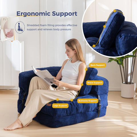 MAXYOYO Foldable Sofa Bed,Bean Bag Couch Convertible Sleeper Chair with Armrest L-Shaped Floor Lounge Sofa with Pillow Portable Lounge Seat for