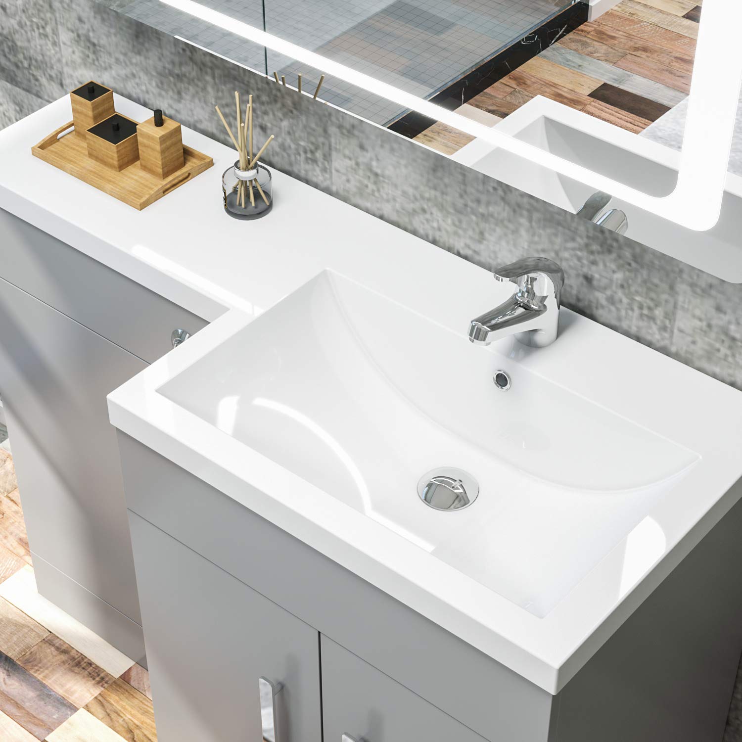 ELEGANT 1100mm L Shape Bathroom Vanity Sink Unit Furniture Storage, Right Hand Matte Grey Vanity unit + Resin Basin + Concealed Cistern