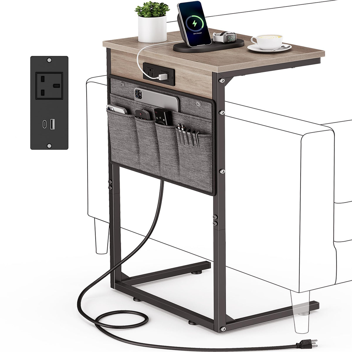 Vagusicc C Shaped End Table with Charging Station, 28" Tall Couch Side Table, Sofa Table Beside Table, Slide Under Sofa Arm C Table for Small Spaces