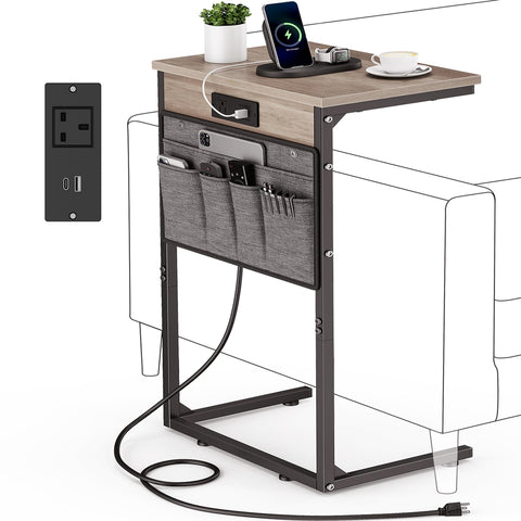Vagusicc C Shaped End Table with Charging Station, 28" Tall Couch Side Table, Sofa Table Beside Table, Slide Under Sofa Arm C Table for Small Spaces