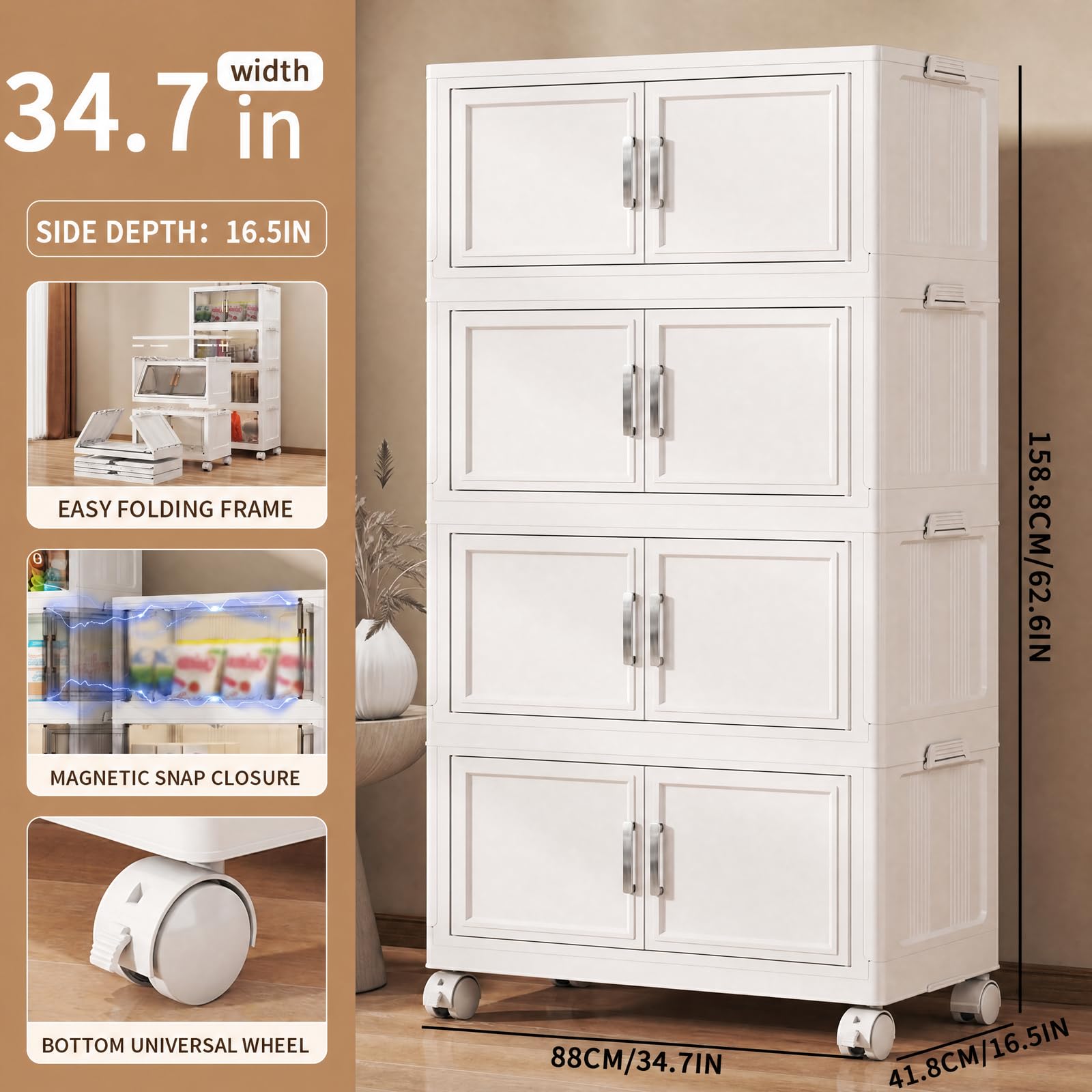 Naviconvex Storage Boxes with Lid, 120L*4 Tier Plastic Storage Box with 1 Lid, Foldable Boxes, Stackable Drawers with Wheels