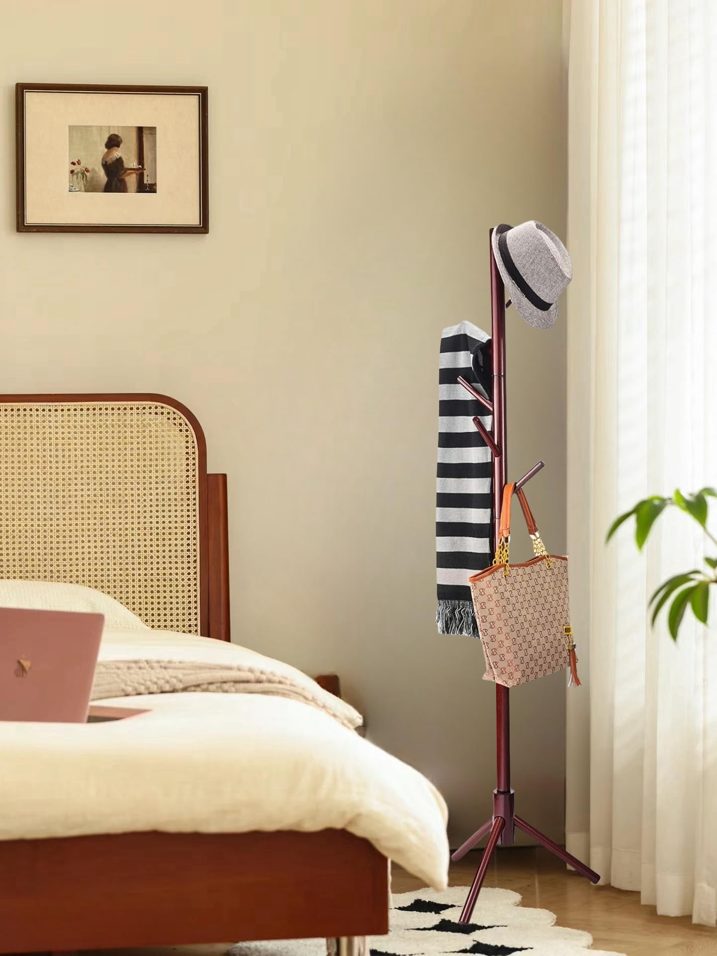 MEILEWLE Coat Stand, Coat Rack Freestanding, Coat Tree, w/ 6 Hooks and 3 Adjustable Size Solid Wood Coat Rack Stand easy to assemble for Bedroom