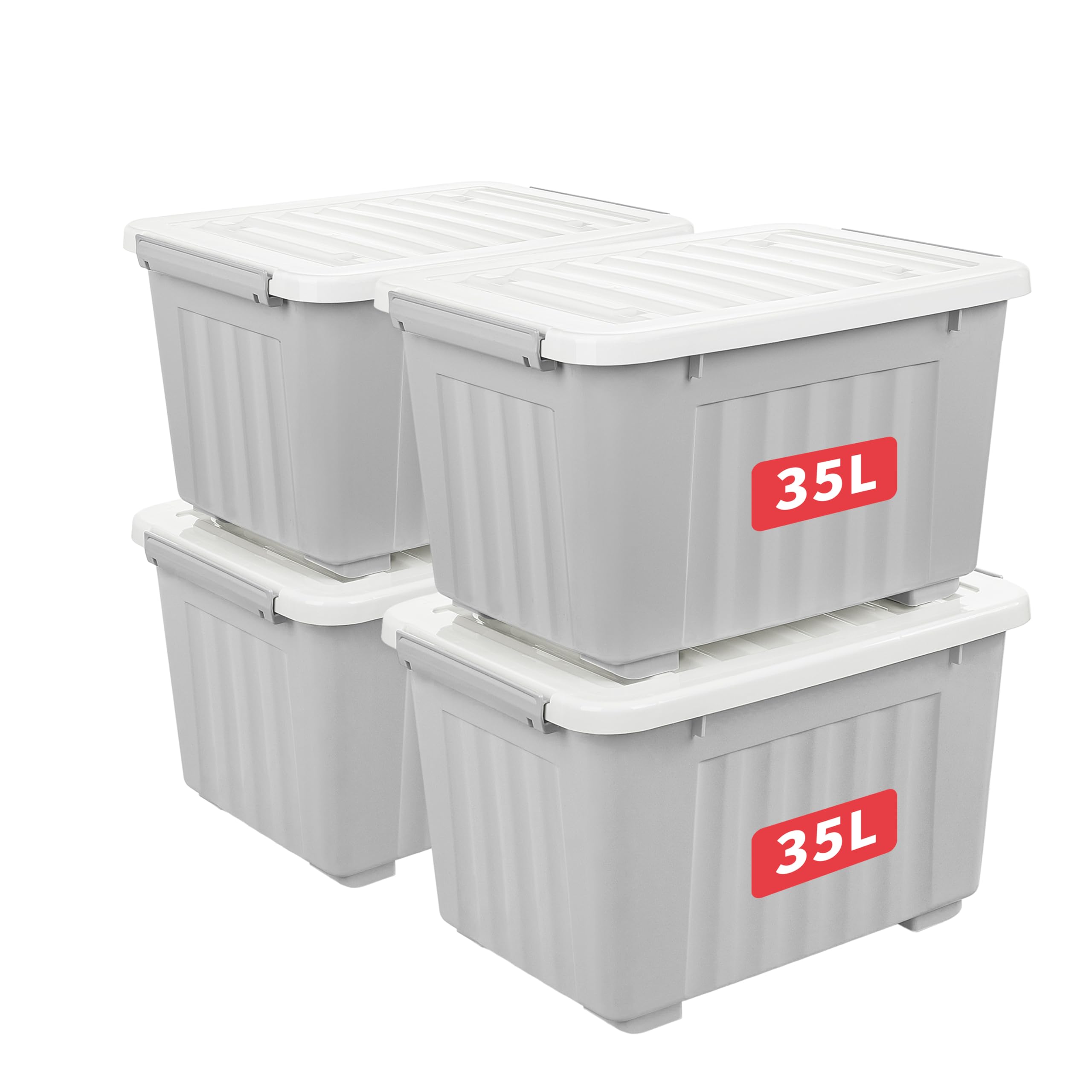 Cetomo 35L*4 Storage Boxes with Lids, Plastic Storage Box with Wheels and Secure Side Latches, Stackable & Nestable Organizer for Home, Office