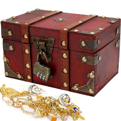 AOTOPYU Treasure Chest Children's Birthday Pirate Chest Gift Box Lockable with Lid and Lock Wooden Chest (M: 22 x 15 x 14 cm)