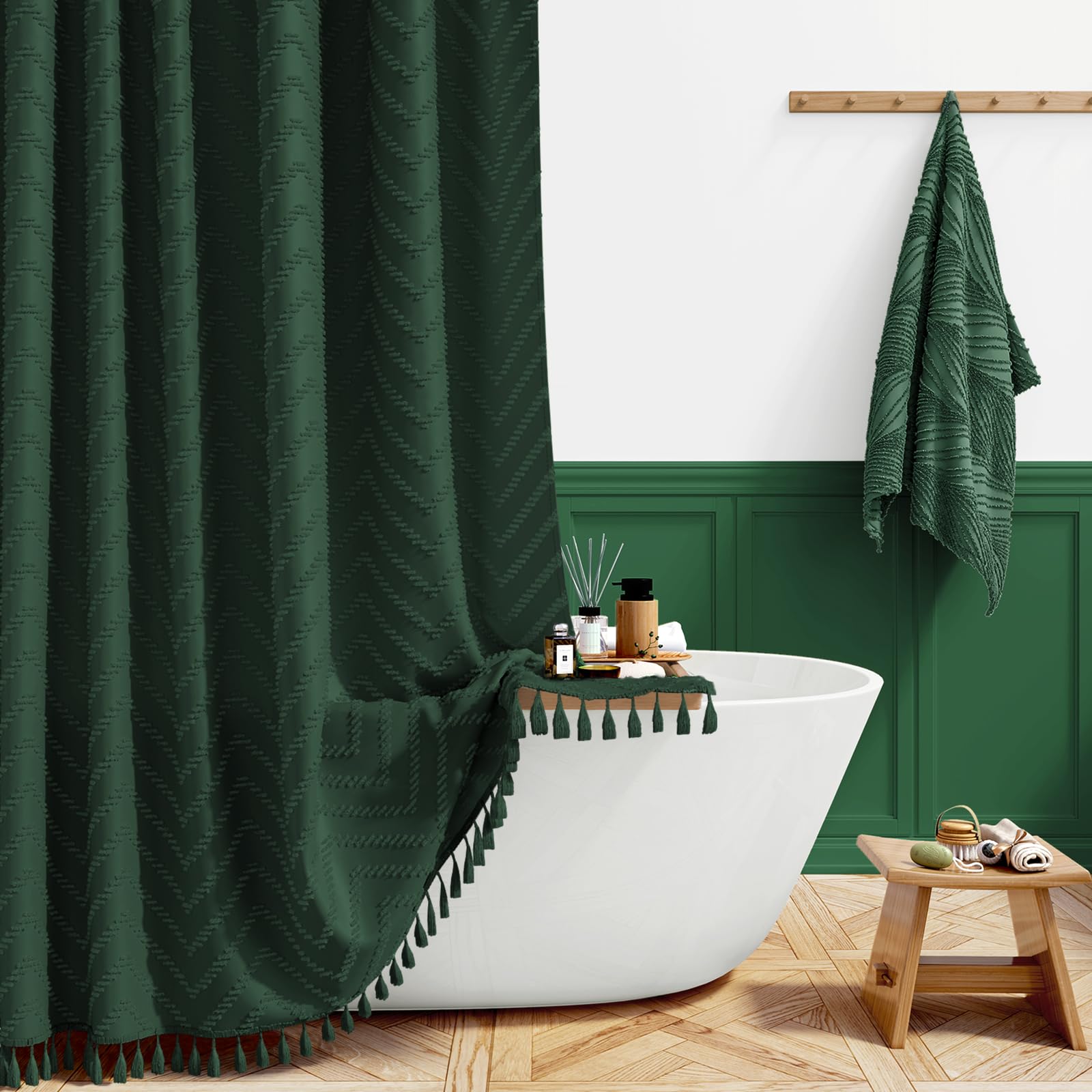 BTTN Boho Tufted Chevron Shower Curtain, 183x186cm, Emerald Green