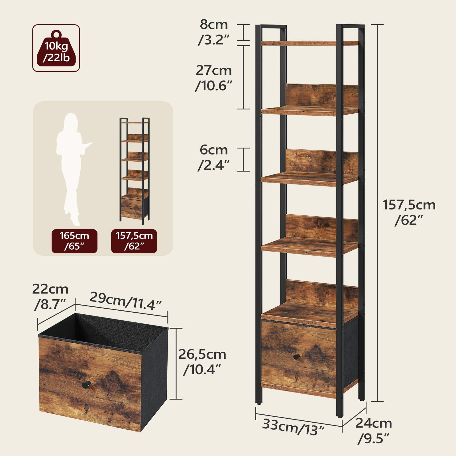 MAHANCRIS Bookshelf, 6-Tier Bookcase with Removable Drawer, Freestanding Book Shelf for Small Space, Storage Shelf Organizer, for Living Room