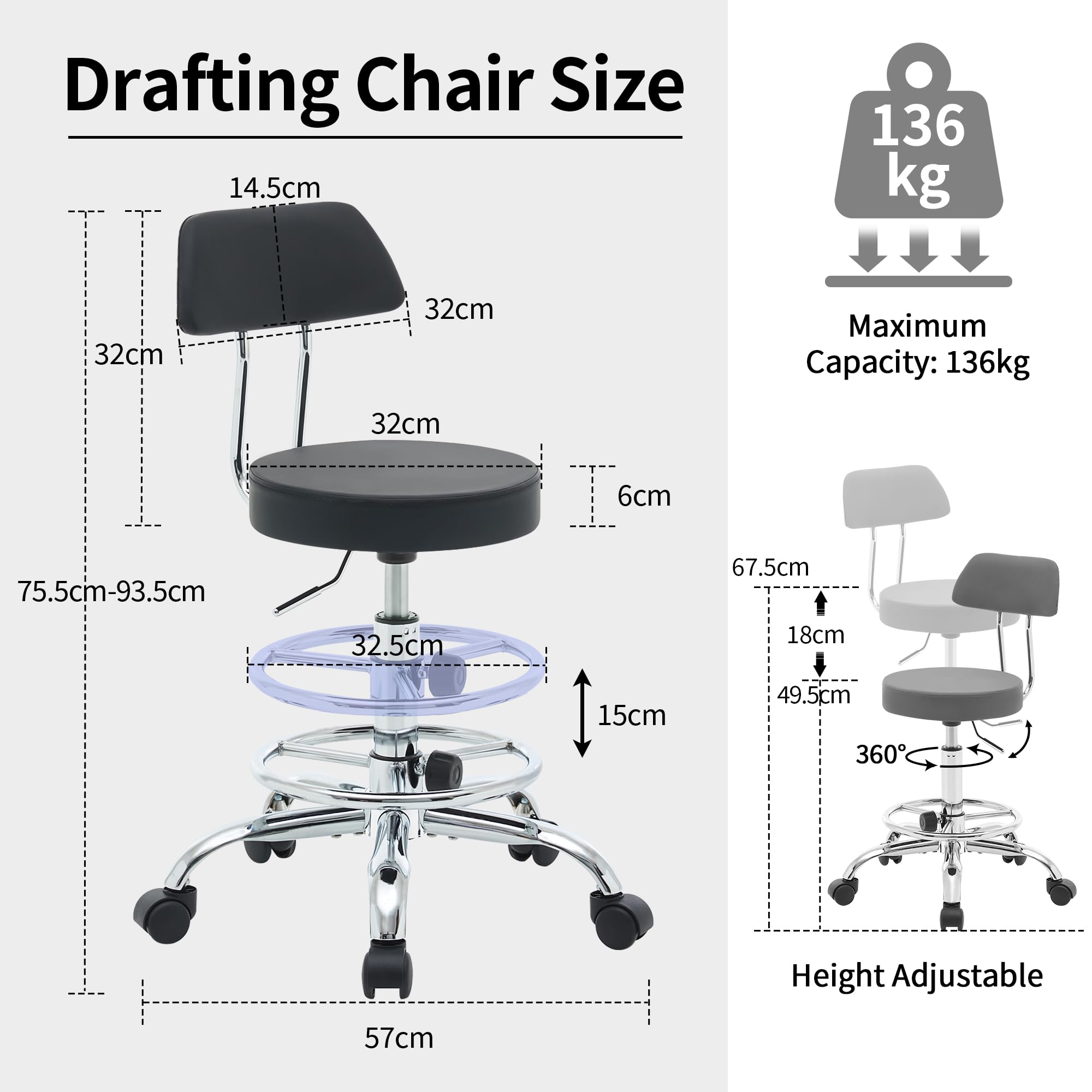 FIRAVOE Adjustable Rolling Office Stool Chair with Backrest and Footrest, Swivel Drafting Chair with Wheels