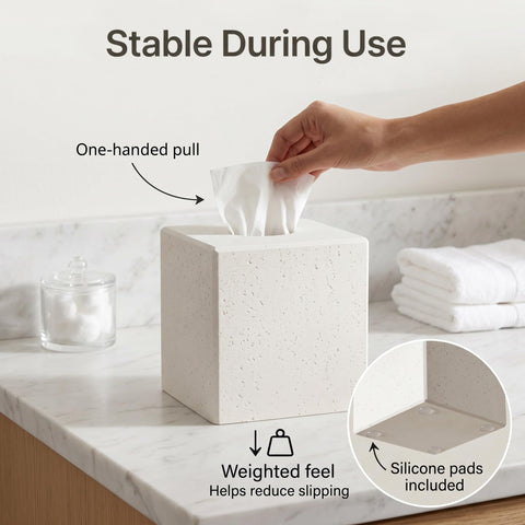 White Tissue Box Cover, Modern Square Decorative Tissue Box Holder with Travertine-Inspired Finish, Removable Magnetic Base Lid