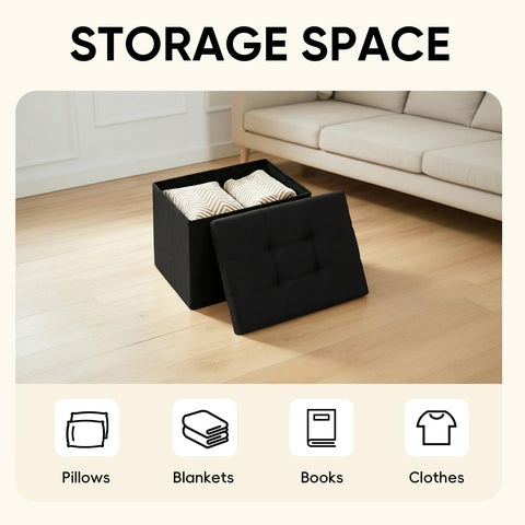 PINPLUS Linen Ottoman Storage Box with Lid, 42x32x32 cm, Black