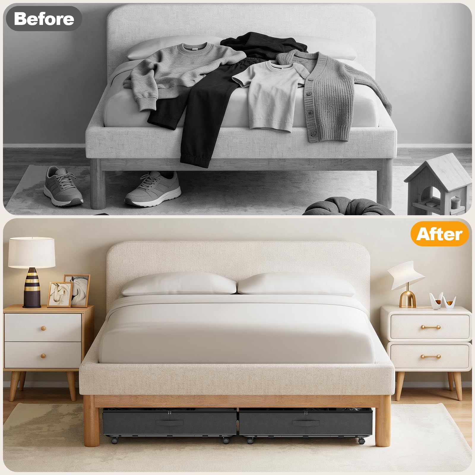 2 Pack Under Bed Storage on Wheels,Rolling Storage Drawers with Clear Lid