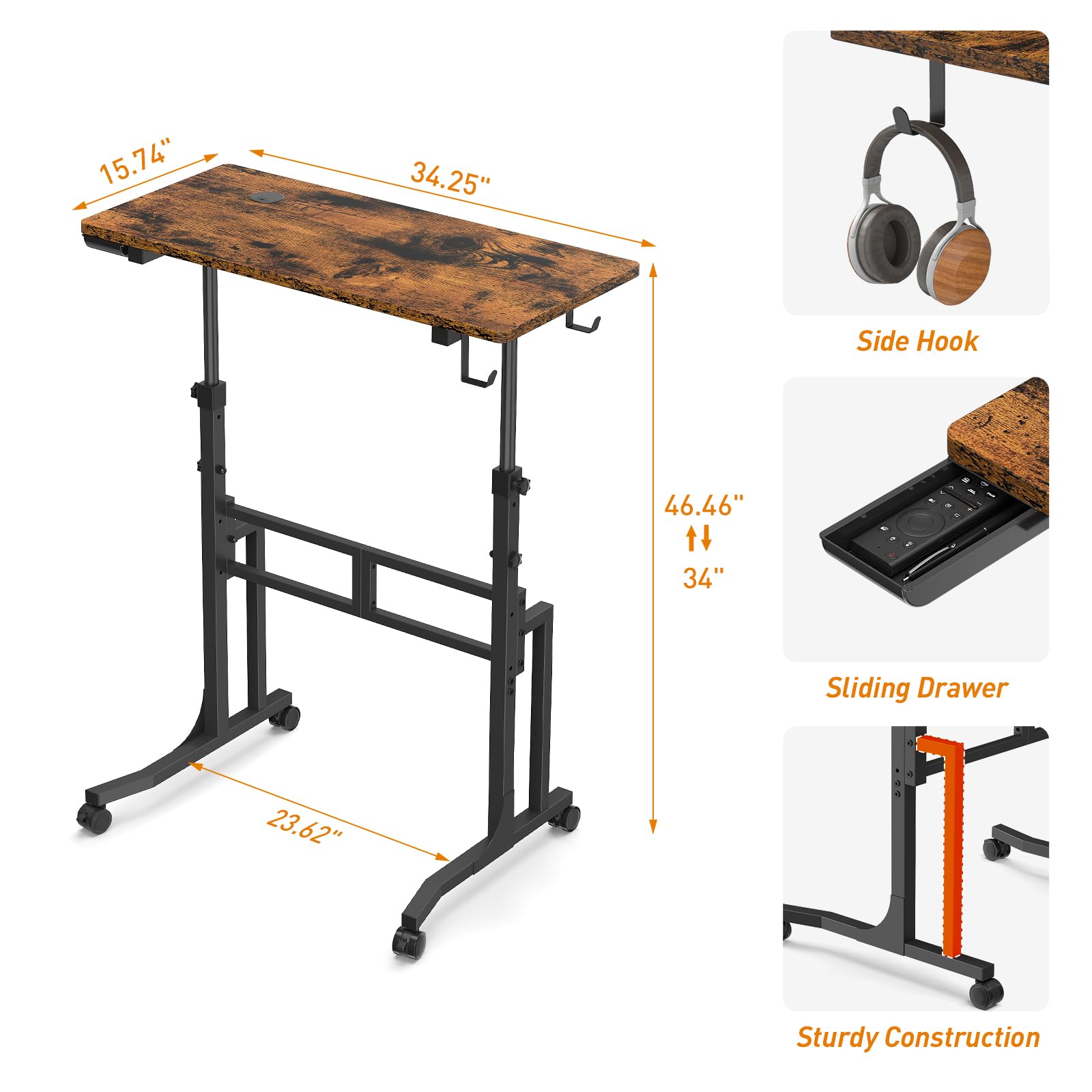 ikkle Standing Desk with Wheels, 34 Inch Height Adjustable Treadmill Training Table, Mobile Sit Stand Up Desk