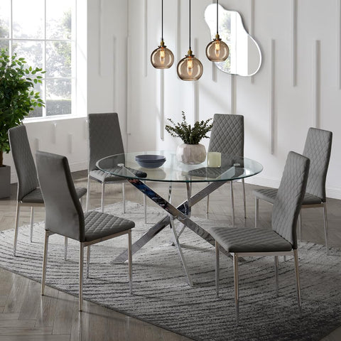 Home Detail Sierra Set of 6 Dining Chairs, Grey Faux Leather, Silver Legs