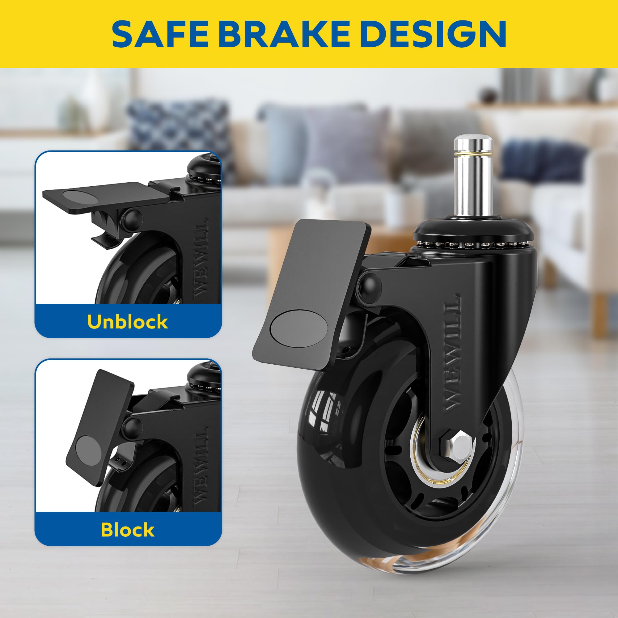 WEWILL Office Chair Castors with Lock, 5 Pieces Office Chair Replacement Castors for Carpet and Parquet