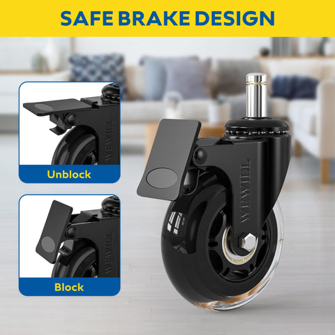 WEWILL Office Chair Castors with Lock, 5 Pieces Office Chair Replacement Castors for Carpet and Parquet