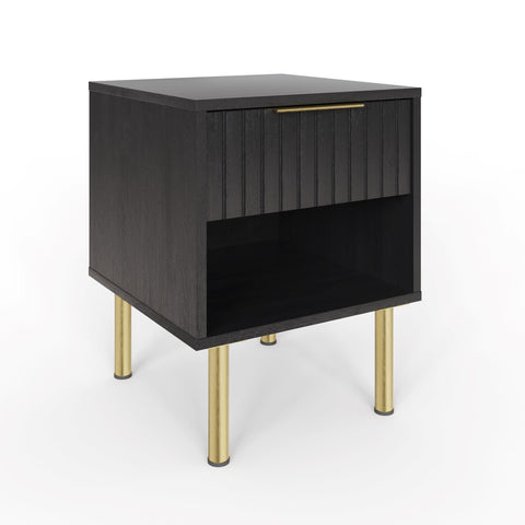 GFW Nervata Lamp Table, Black Side Table with Drawer Storage, Art Deco Style End Table with Gold Accents and Wood Grain Texture for Living Room and