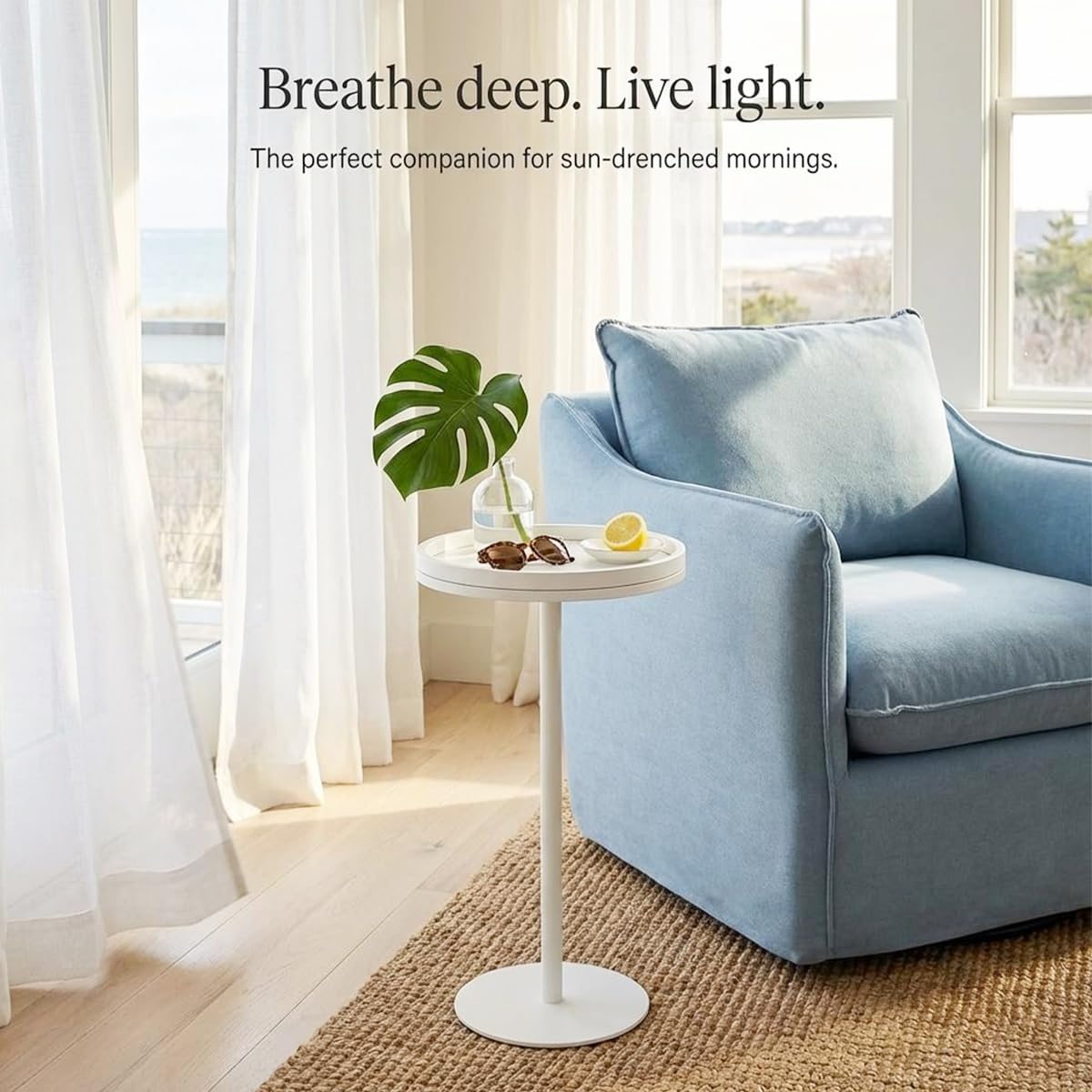ZEXVIDA White Martini Table, Modern Small Round Side Table, Minimalist Metal & Wood Pedestal End Table with Weighted Base