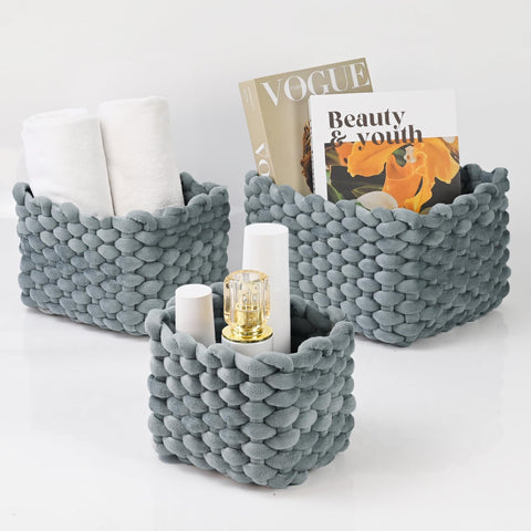 hand-knitted velvet rope storage basket set of 3 - soft cotton rope desktop cosmetics organizer box - nesting multi-functional storage basket
