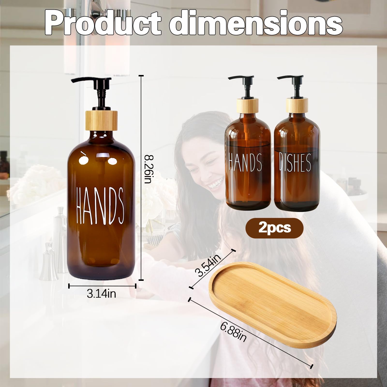 2 Pack 500ml Amber Glass Soap Dispensers with Bamboo Tray - Refillable Hand & Dish Soap Dispenser Set for Kitchen Countertop and Bathroom