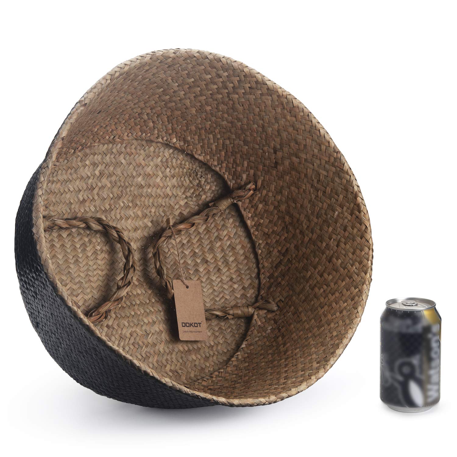 Seagrass Belly Basket Natural Woven Plant Pot Foldable with Handles for Storage Laundry Blankets Toys (Natural + Black)