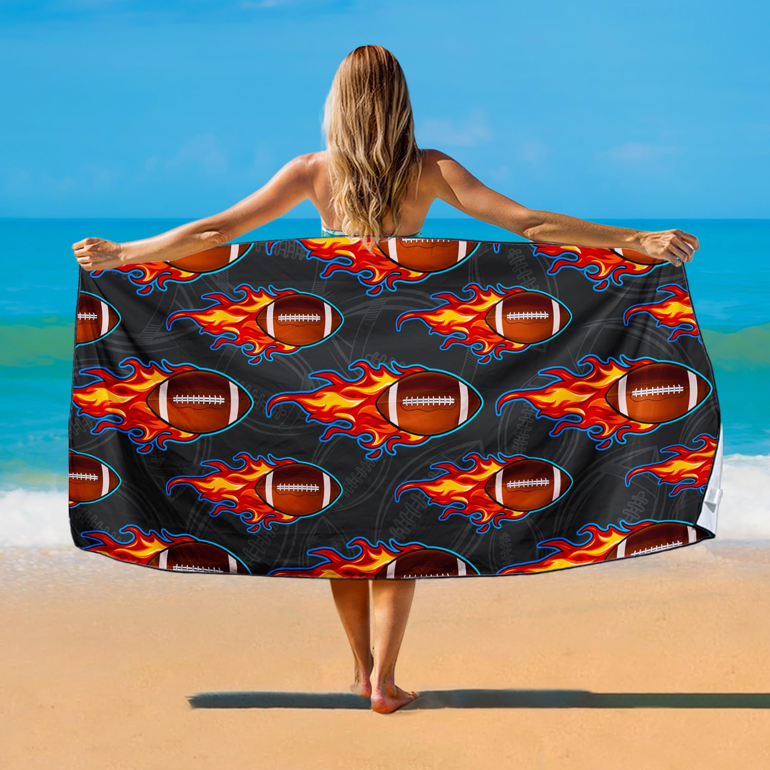 Violetpos Flaming American Football Beach Towel, Extra Large 180x90 cm 250GSM Microfibre, Sand Free Quick Dry