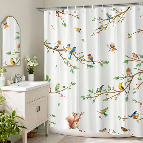 Arquiel Bird Branch Shower Curtain Sets, Waterproof Polyester Squirrel Fabric Shower Curtains with 12 Hooks for Bathroom Home Decoration