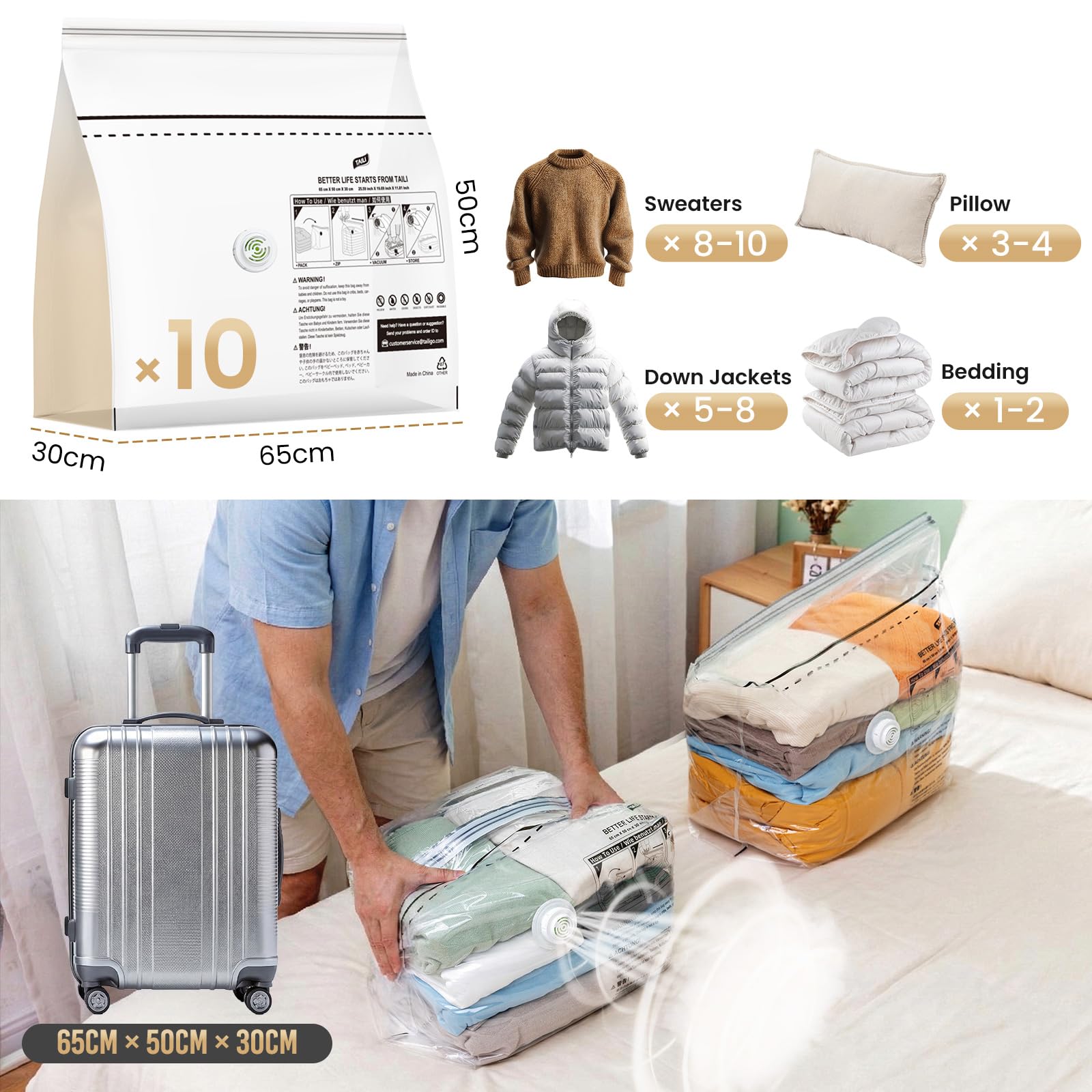 TAILI 10 Pack Cube Vacuum Storage Bags, Medium Size (63x48x27 cm), Clear
