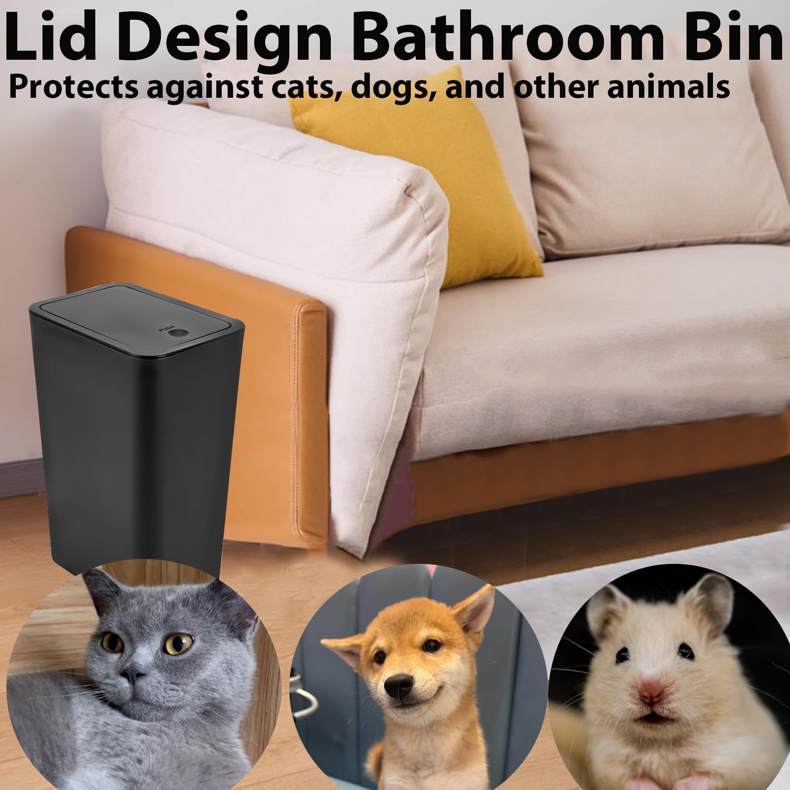 2Pack Bathroom Bin with lid,Push Button Kitchen Bin,Plastic Bins for Toilet, Dog Proof Bin,Trash Can for Bedroom Office Living Room (Grey)