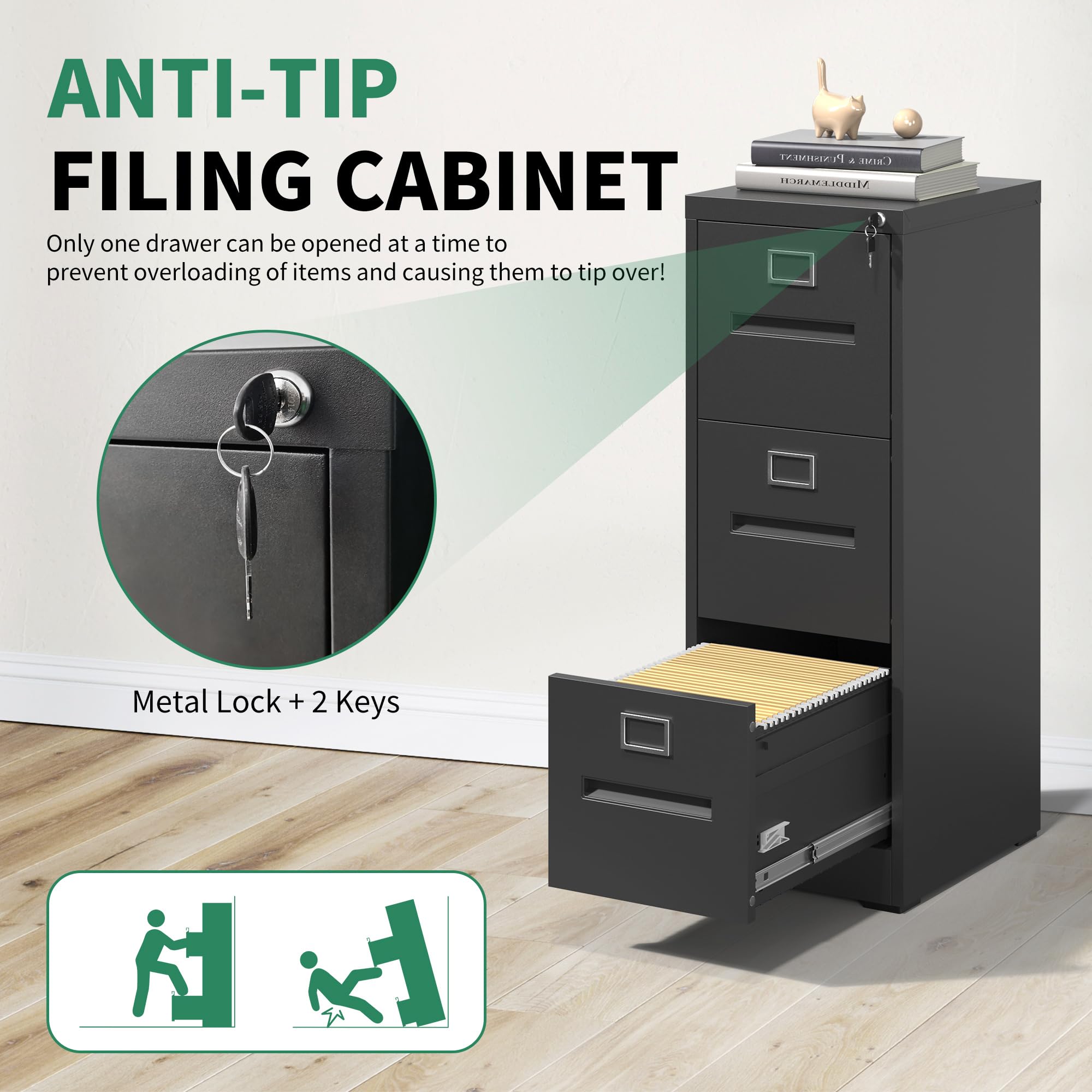 IKIMI Black Metal File Cabinet with 3 Drawer,Vertical File Cabinet with Lock for A4/Letter/Legal Size Files,Steel Filing Cabinets for Home