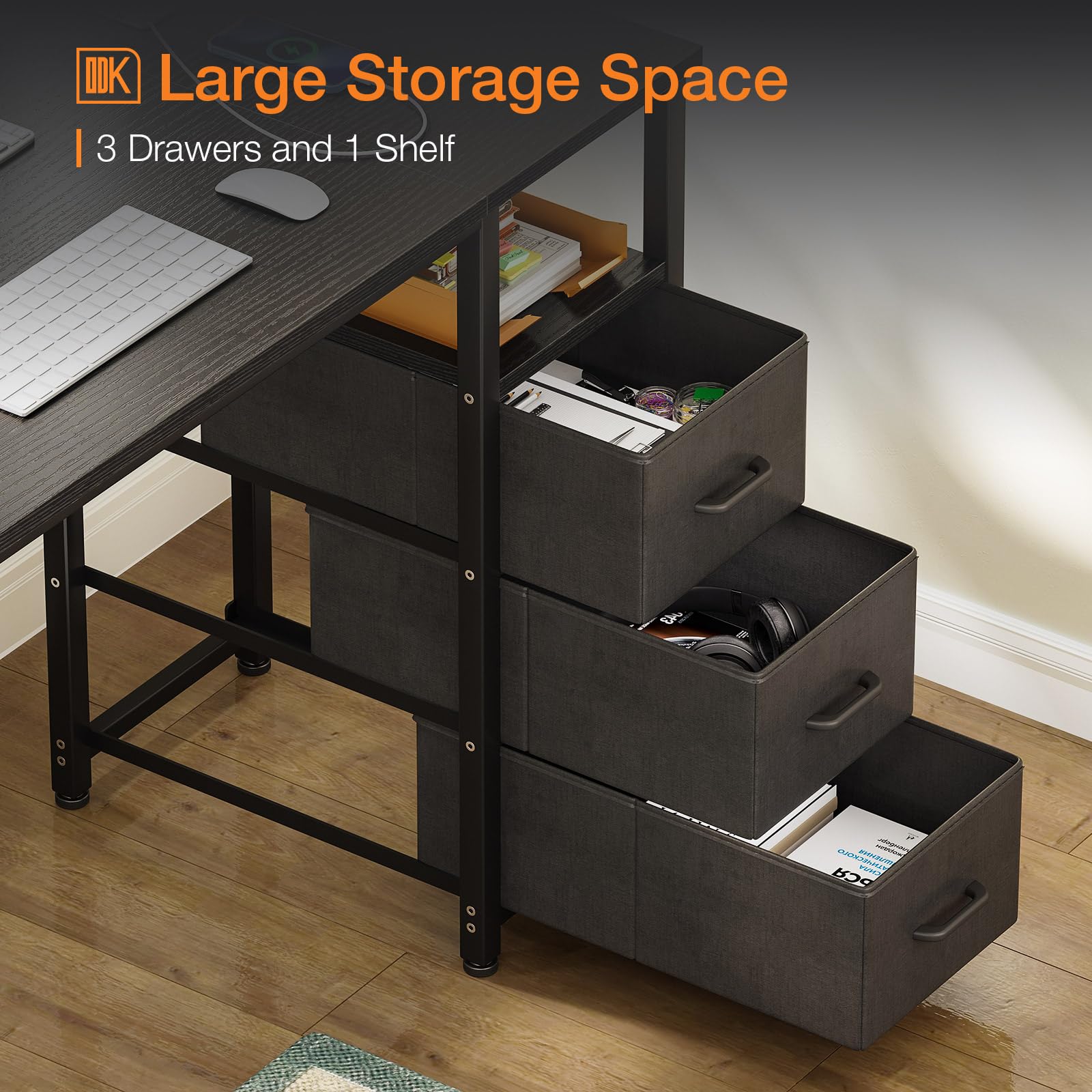 ODK Computer Desk with Drawers, 120cm Office Desk with Sockets, Black