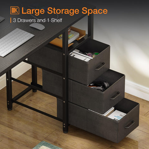 ODK Computer Desk with Drawers, 120cm Office Desk with Sockets, Black