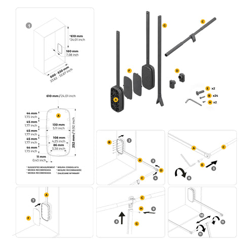 Emuca - Pull down hanging rail for wardrobe, pull down wardrobe rail lift, adjustable width 600-830mm, titanium colour