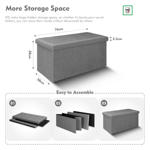 Bonlife Large Folding Grey Ottoman Storage Box with Lid,Linen Footrest Stool Bedroom Bench Seats,Toy Box Chest Living Room Furniture 76x38x38cm