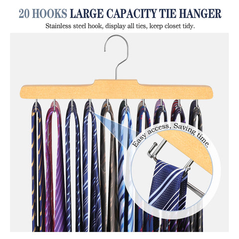 Tie Rack Hanger for Wardrobe, Upgraded Belt Hanger for Men, Wood, 2 Pack